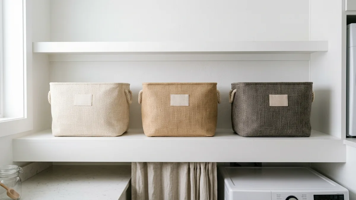 Three neutral woven fabric laundry baskets labeled Lights, Darks, and Colors on a white laundry room shelf