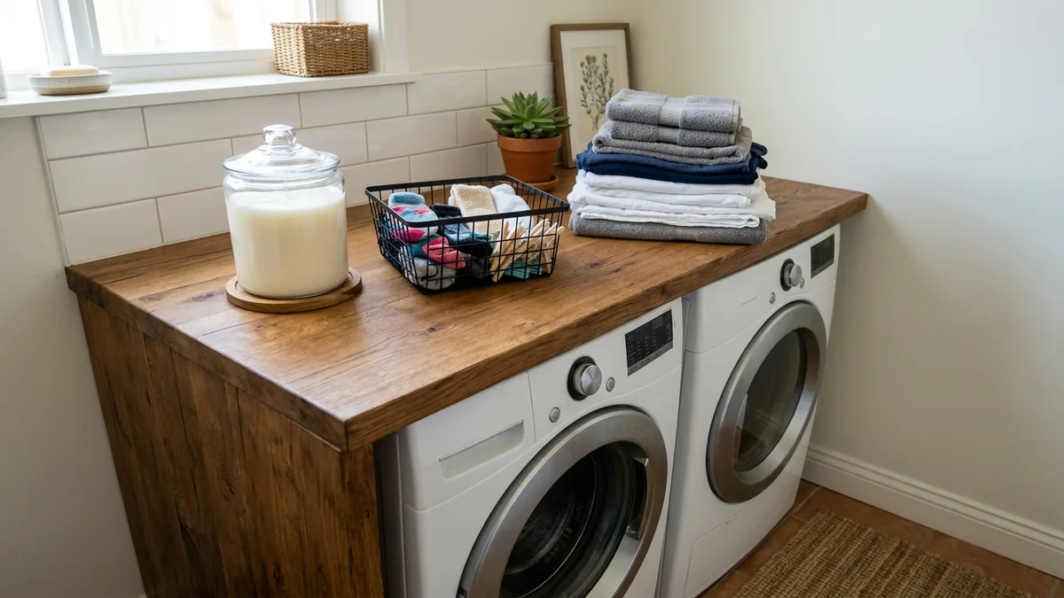 Wooden countertop over front-loading washer and dryer with glass storage jars and a wire sorting basket