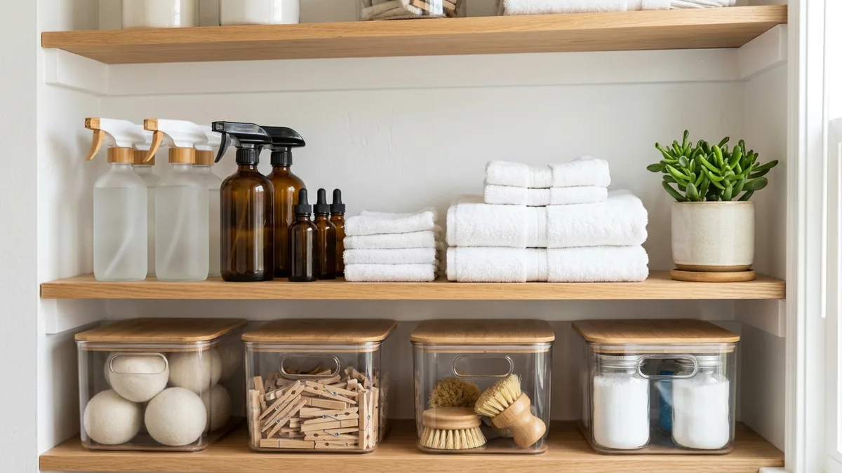 Laundry room wall shelves with clear labeled storage bins, folded white towels, and glass spray bottles