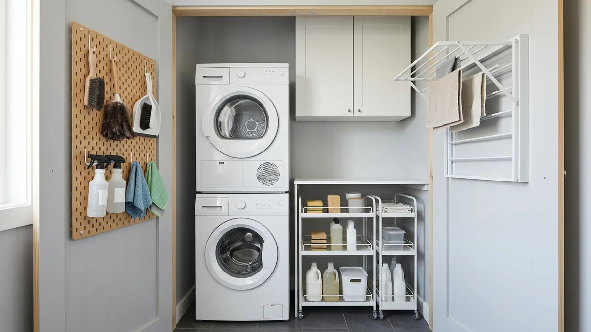 Compact laundry closet with stacked washer and dryer, slim pull-out cart, overhead cabinets, and wall-mounted pegboard with cleaning tools