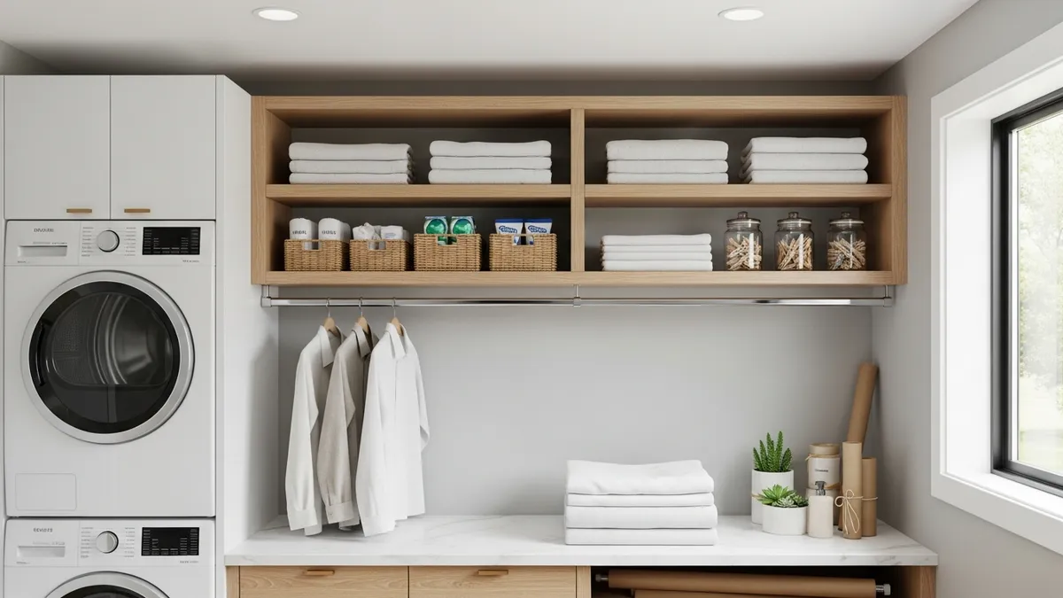 Laundry room folding station with organized storage and hanging solutions
