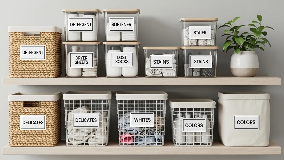 Laundry room storage solutions including baskets and labeled containers for organization