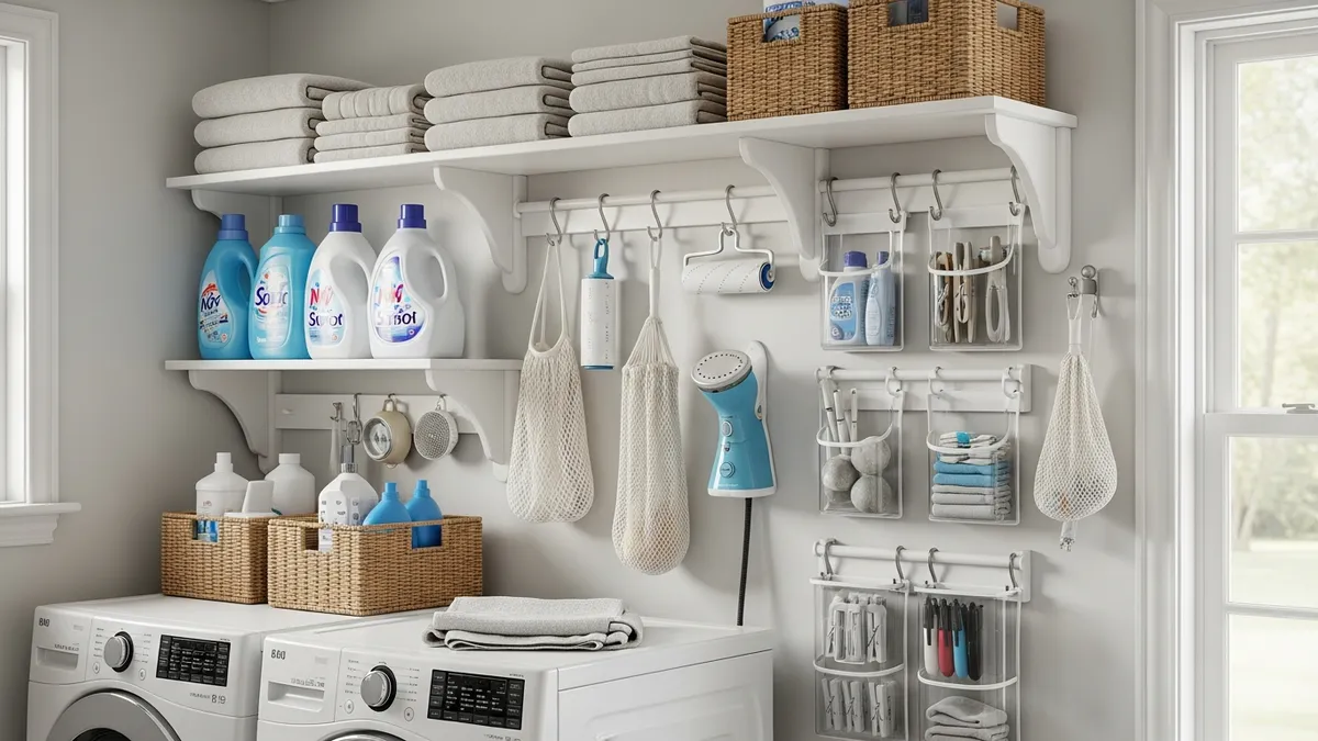 Vertical laundry room organization system with wall-mounted storage solutions