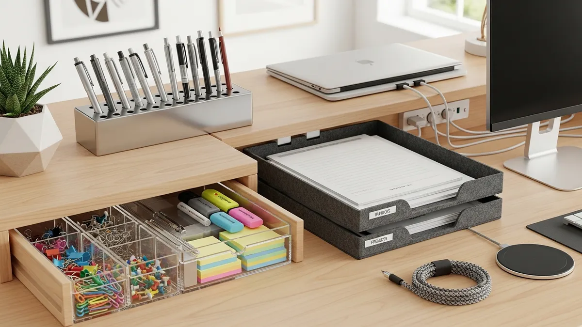 Desk organization solutions with drawer organizers and storage containers