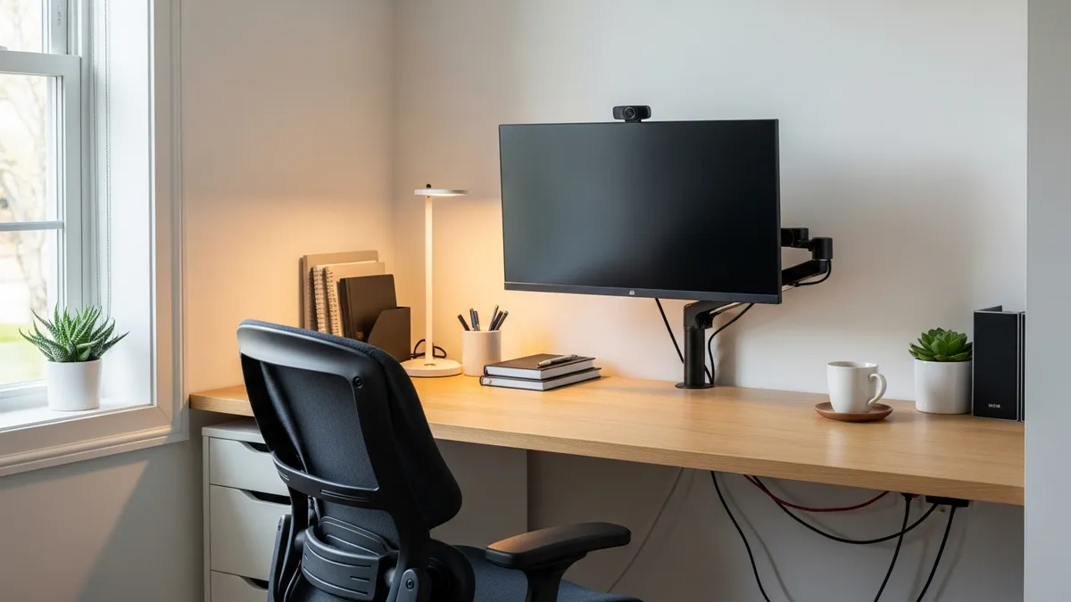 Productive home office organization with ergonomic furniture and storage