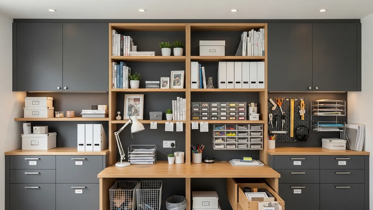 Home office storage solutions with shelves and filing systems