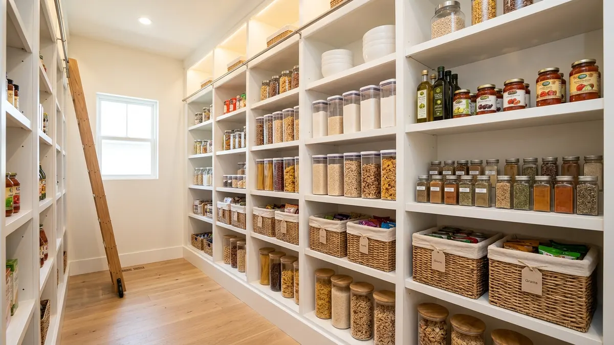 Well-organized kitchen pantry with clear airtight canisters and labeled wicker baskets on white wooden shelves