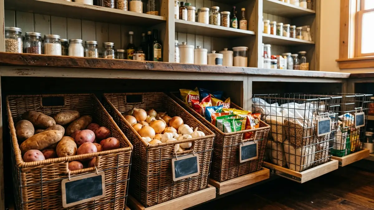 Large wicker and wire pull-out bins on lower pantry shelves holding bulk food items with chalkboard labels