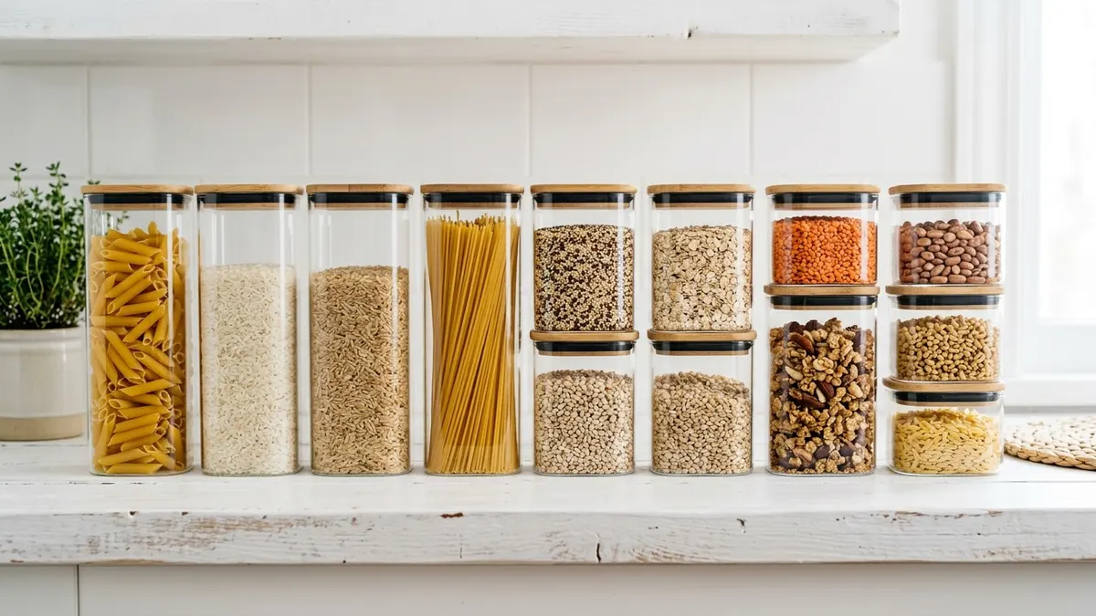 Matching clear airtight food storage containers in various sizes filled with dry goods on a white shelf