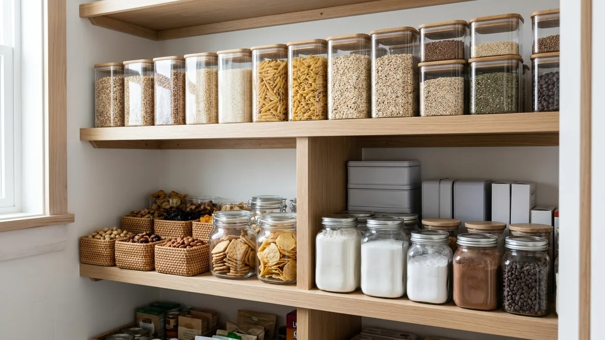 Pantry shelves divided into labeled food zones with uniform clear square containers