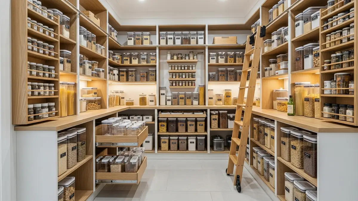 Modern organized pantry with clear storage containers and efficient organization pantry ideas