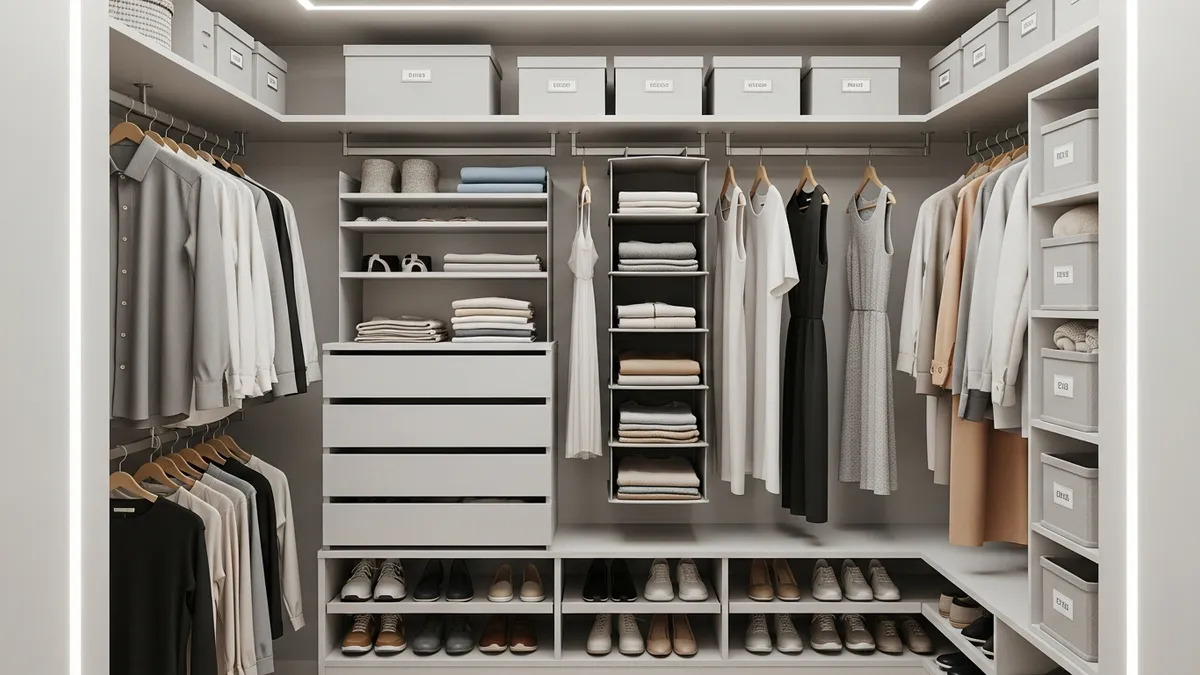 Organized small closet with smart storage solutions and maximized space