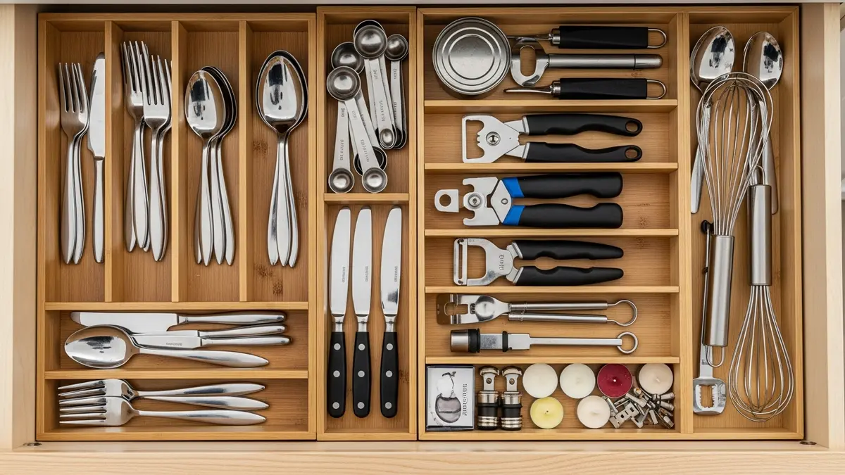 Kitchen drawer organizers with compartments for utensils and kitchen tools