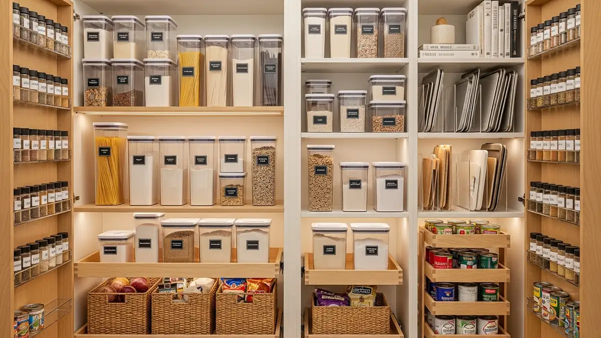 Pantry organization ideas with labeled storage containers and pull-out shelves