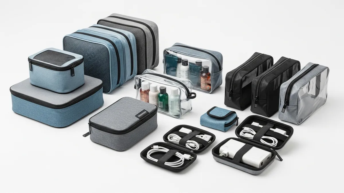 Different types of travel organizer bags including packing cubes and toiletry organizers