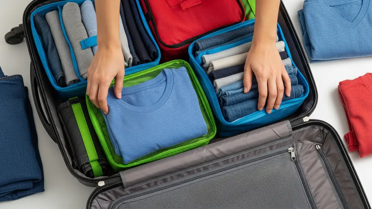 Hands organizing clothes in packing cubes inside travel luggage