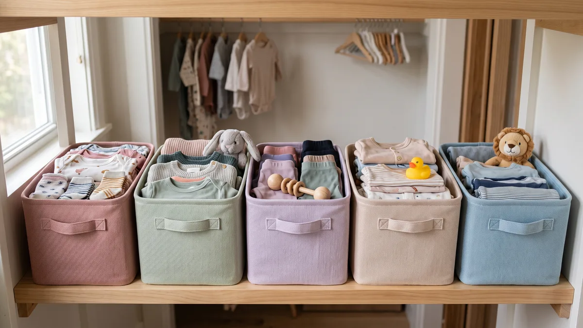 Soft fabric bins keeping a row of kids clothing categories visible and easy to grab