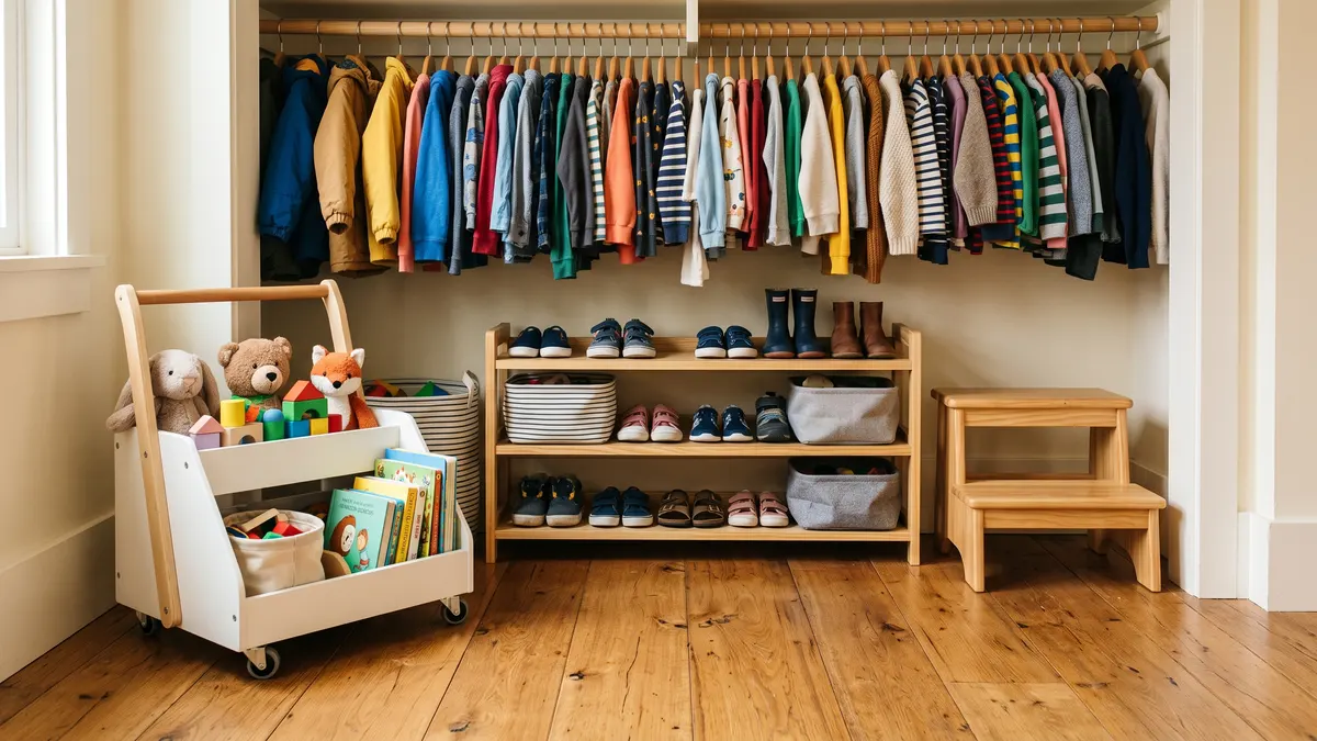 A low shoe rack, rolling book cart and step stool keeping the closet floor usable for a child