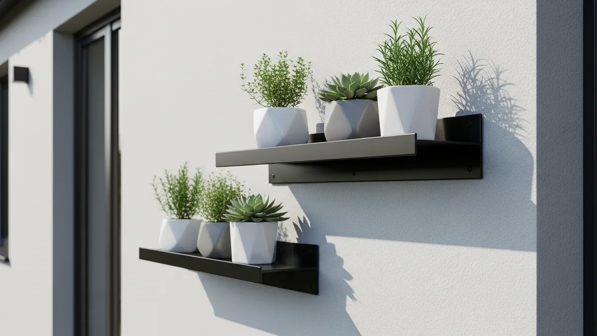 Modern black metal wall-mounted outdoor plant shelf with potted herbs on a house exterior
