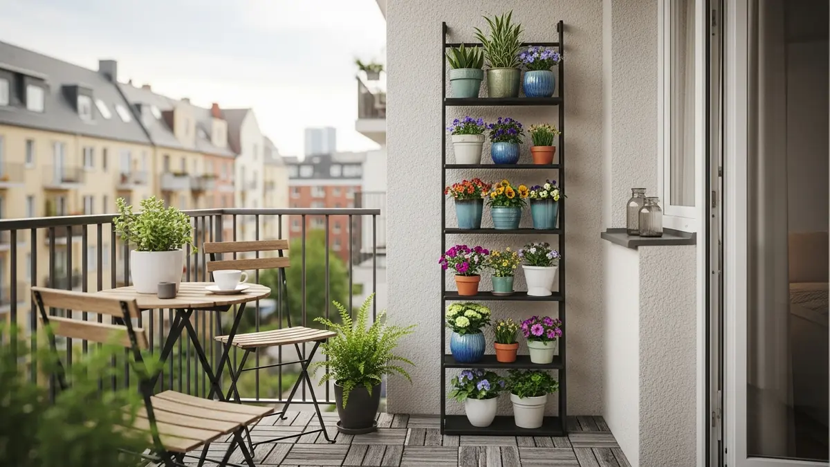 Vertical outdoor plant shelf tower on a small apartment balcony with colorful potted plants