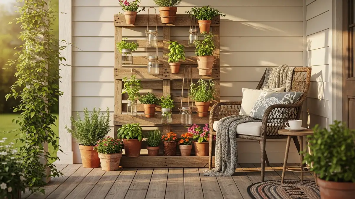 Repurposed wooden pallet as an outdoor plant shelf on a covered porch with herbs and flowers