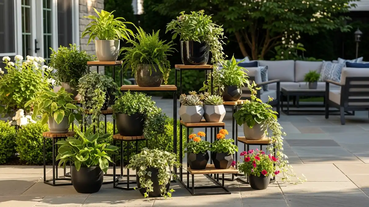 Outdoor plant stand ideas featuring tiered iron and wood stands with potted plants on a sunny patio