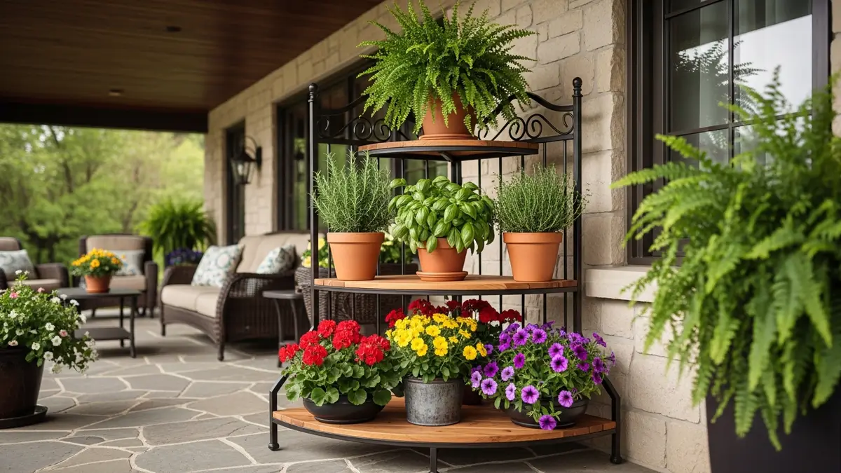 Corner outdoor plant stand with layered pots of ferns and herbs on a covered patio