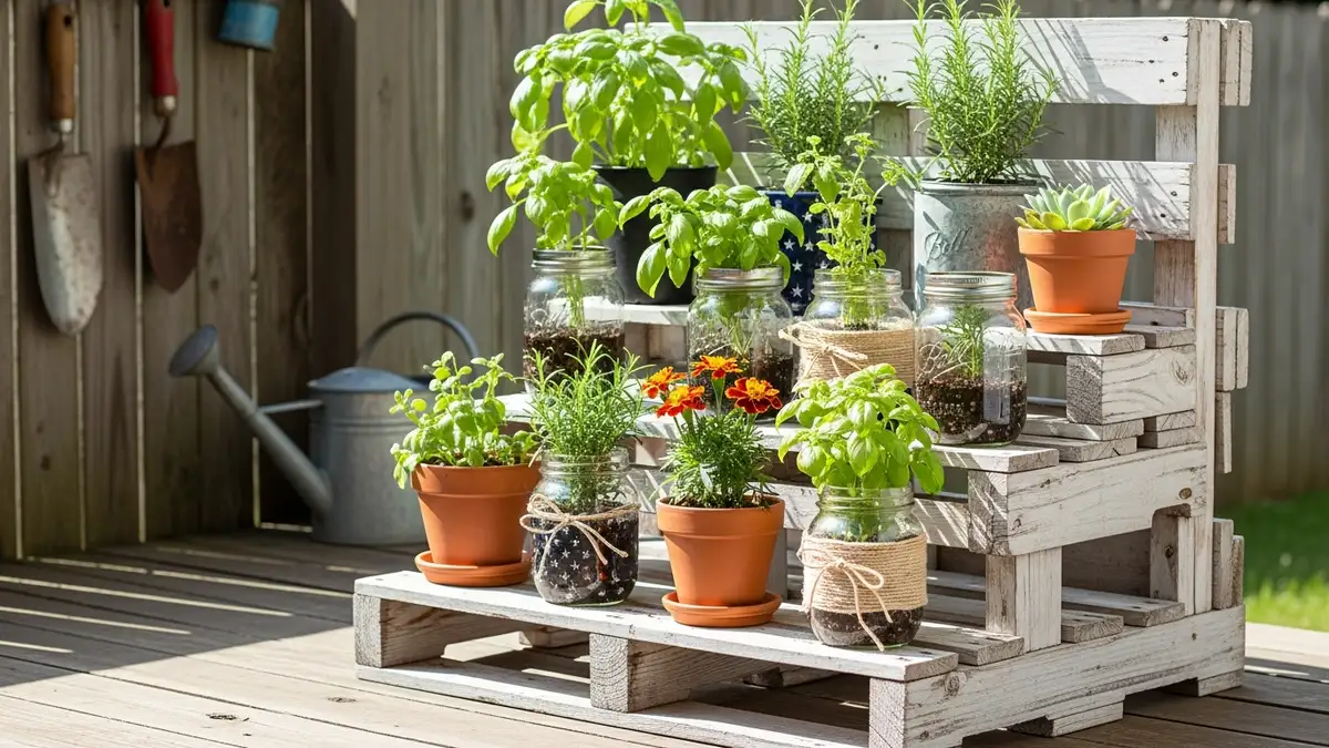 DIY reclaimed wood outdoor plant stand with mason jar planters and terracotta pots on a back porch