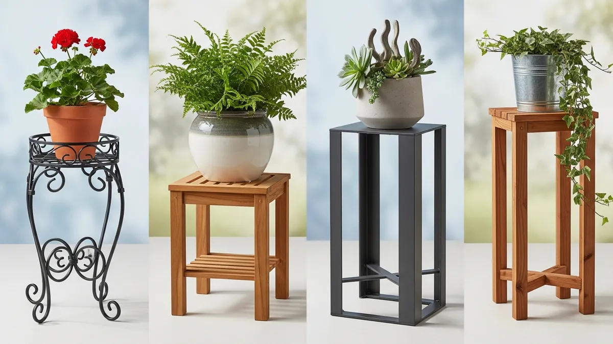 Different outdoor plant stand materials including wrought iron, teak, aluminum, and cedar wood