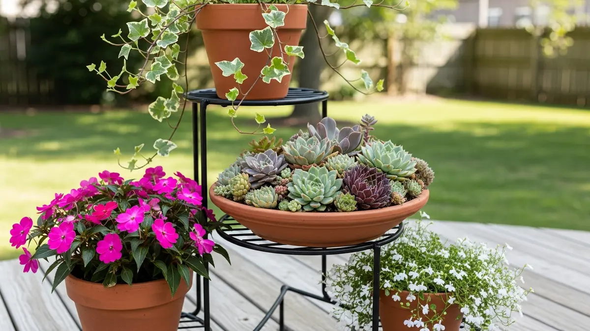 Three-tiered black metal outdoor plant stand with terracotta pots on a wooden deck