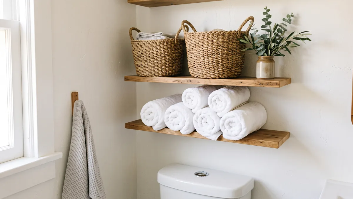 Woven baskets and rolled towels styled on slim wooden shelves above a toilet in a small rental bathroom