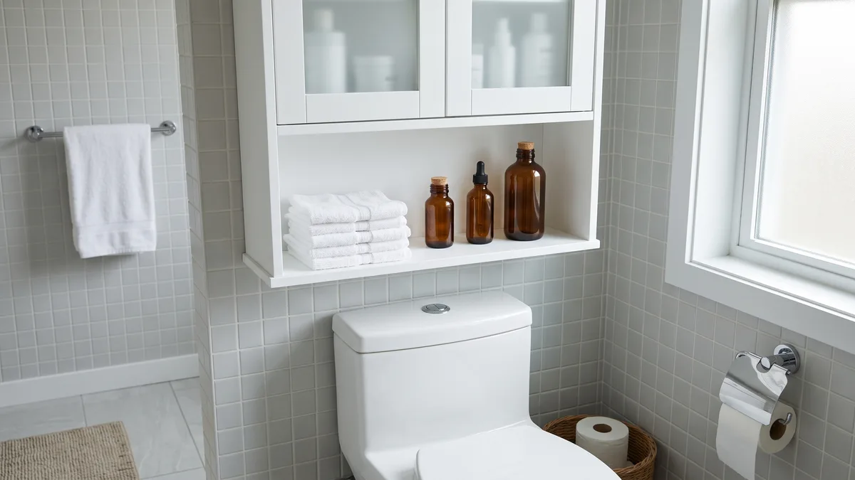 Wall-mounted over-the-toilet cabinet with a closed upper section and an open lower shelf in a compact bathroom