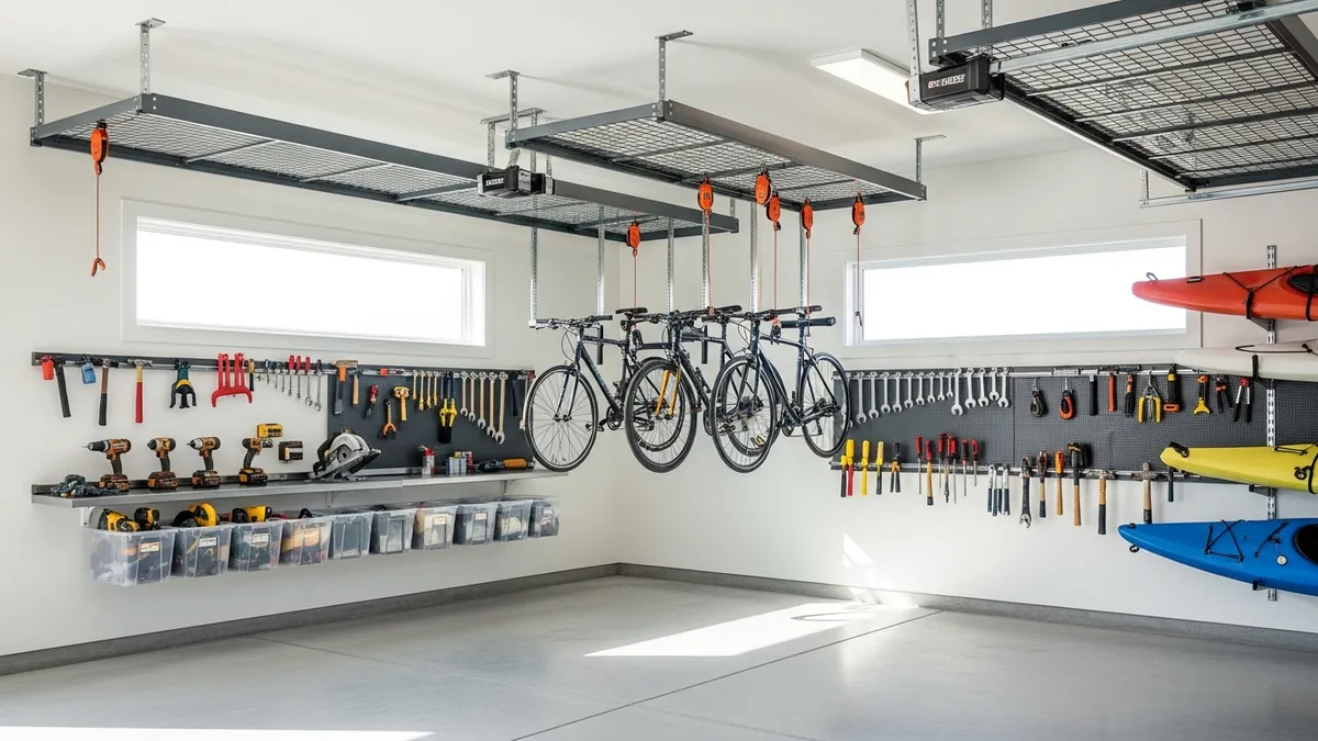 Modern garage with overhead storage solutions and organized ceiling-mounted systems