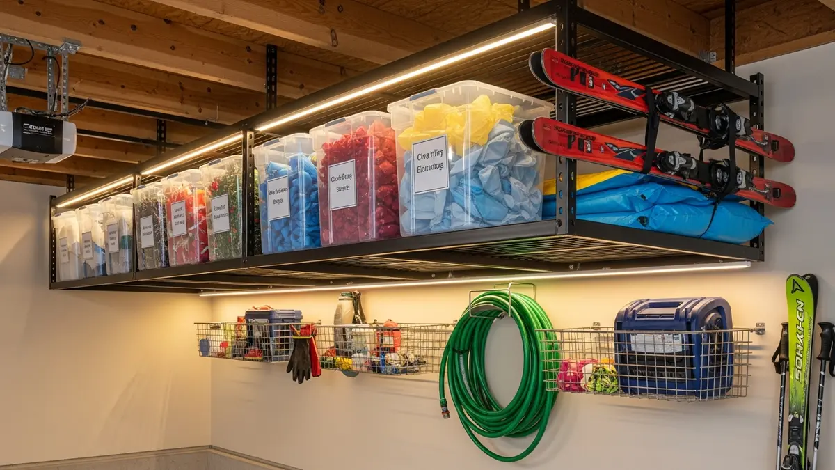 Ceiling-mounted overhead garage storage racks with organized bins and seasonal items
