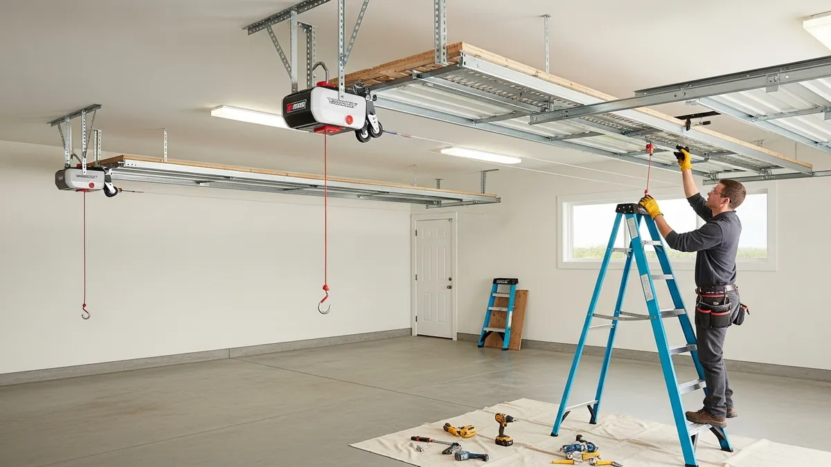 Professional overhead garage storage installation with ceiling hooks and pulley systems