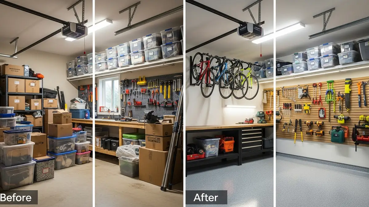 Garage transformation showing before and after overhead storage installation maximizing space