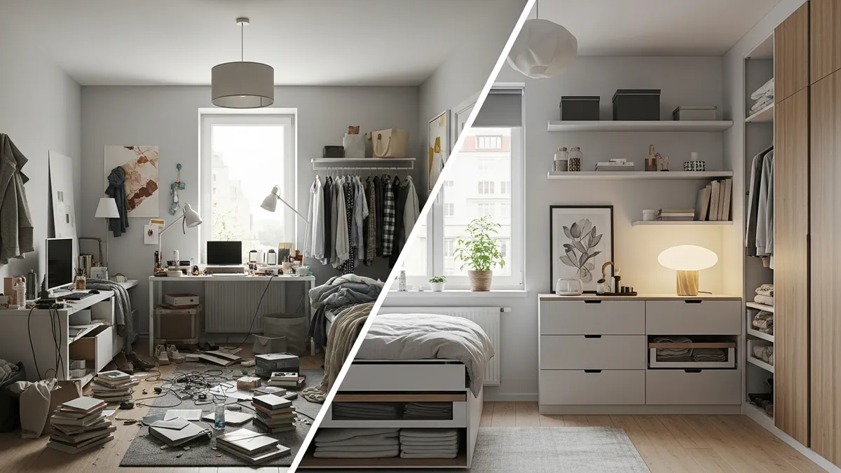 Before and after transformation of cluttered room to minimalist organized space