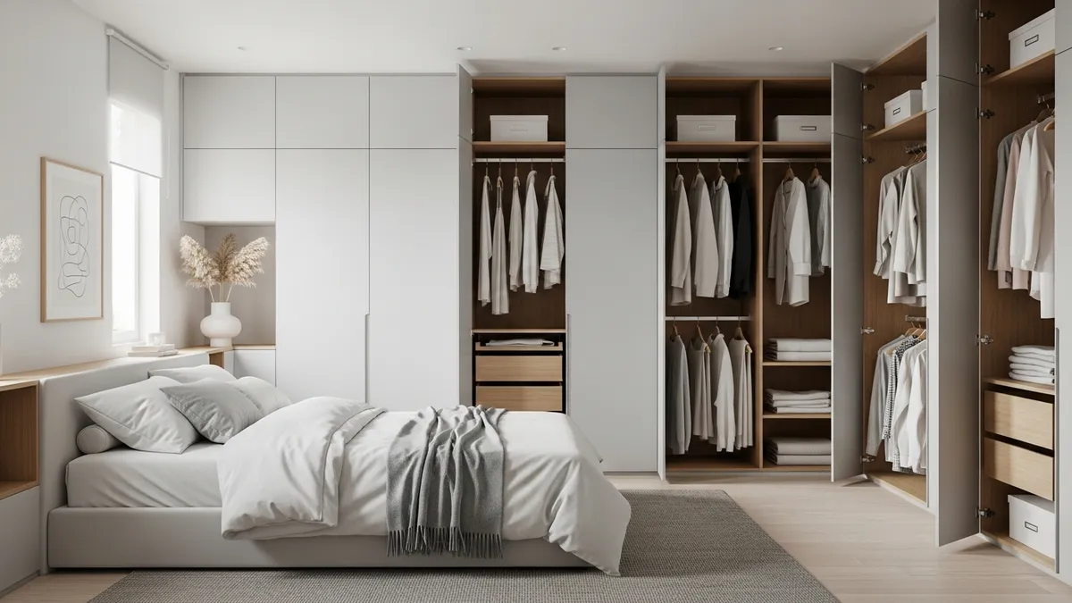 Minimalist bedroom design with organized storage and clean aesthetic