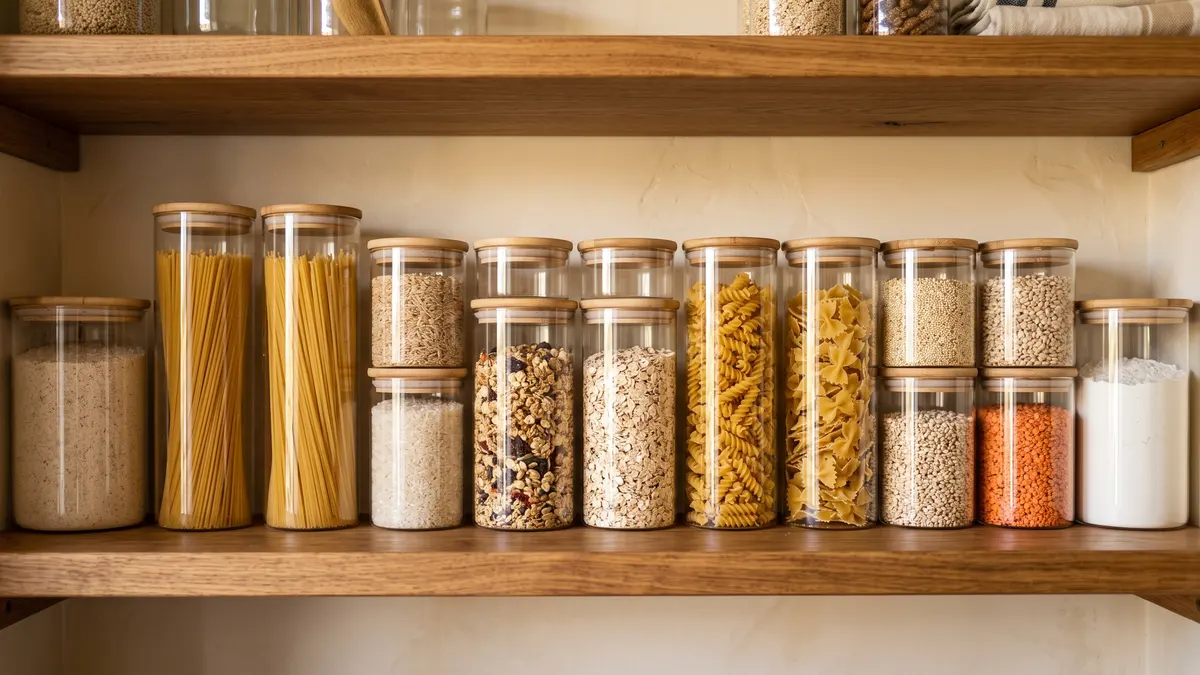 Clear containers organizing dry goods on pantry cabinet shelves