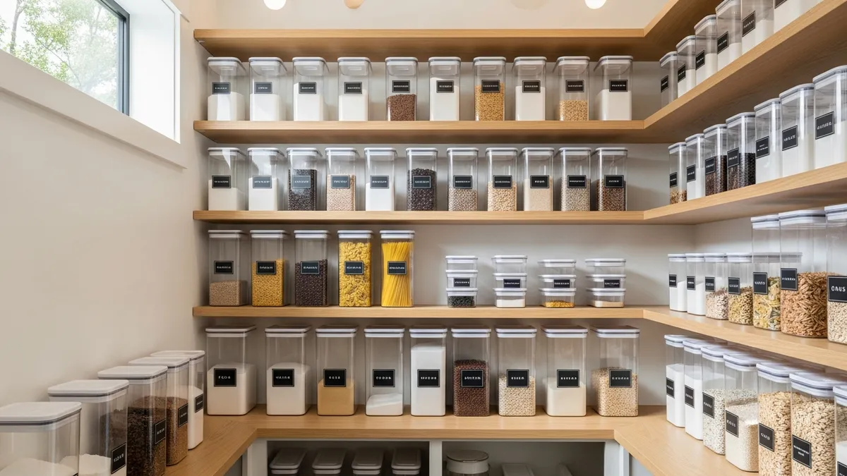 Organized pantry with various pantry food storage containers arranged on shelves for optimal kitchen organization