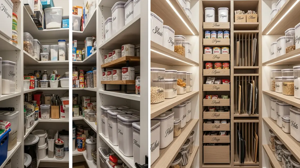 Complete pantry organization transformation using systematic food storage container arrangement