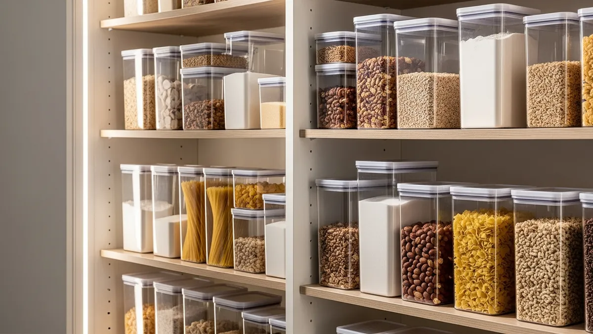 BPA-free plastic pantry food storage containers with stackable design for space-efficient organization