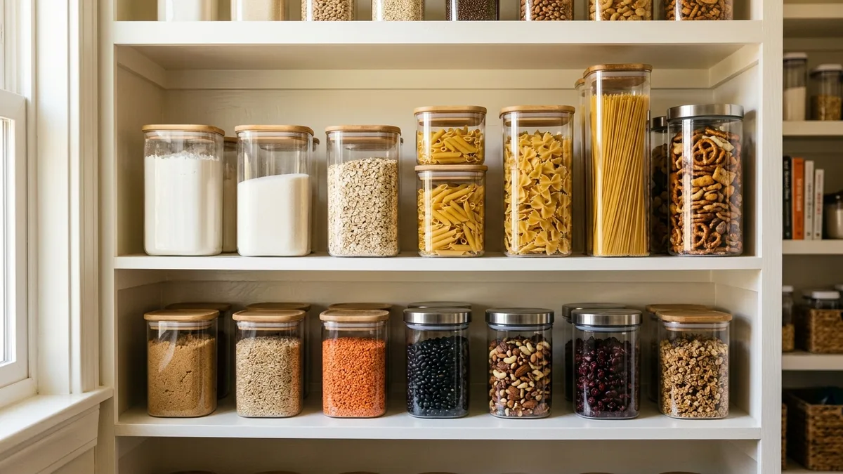 Organized pantry shelf with matching clear airtight food storage containers holding dry goods like flour, pasta, and rice