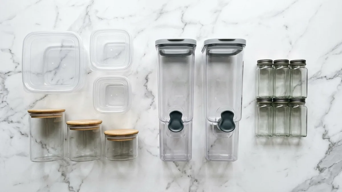 Variety of pantry food storage containers including glass jars, clear plastic square containers, and tall cereal dispensers on a marble countertop