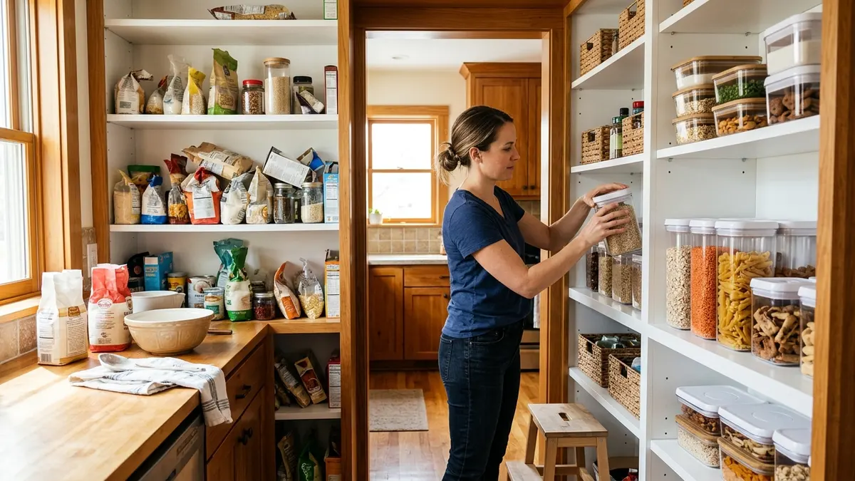 Person organizing pantry shelves by placing clear labeled dry food storage containers in an American home kitchen