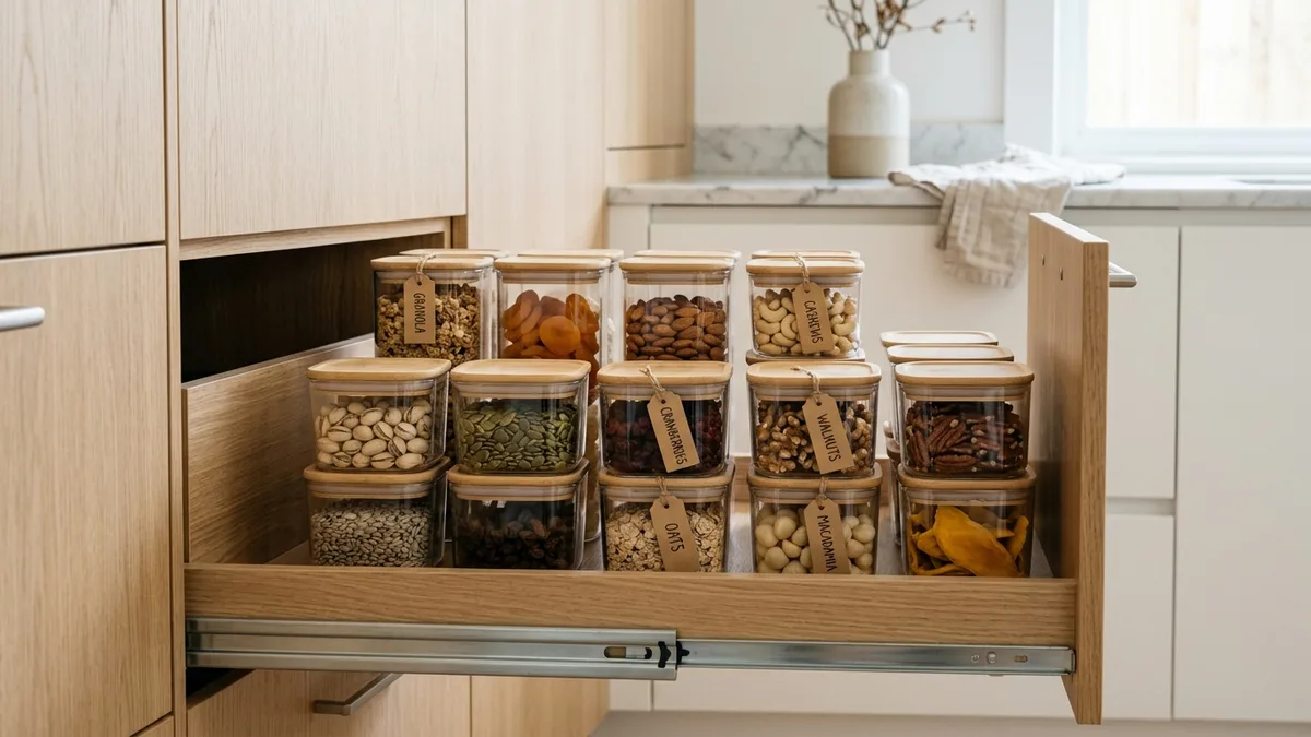 Stackable airtight pantry food storage containers in a kitchen drawer holding snacks, nuts, and dried fruits with visible labels
