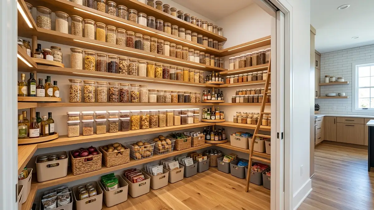 Fully organized walk-in pantry with uniform glass and clear food storage containers on floor-to-ceiling shelves in a modern American home