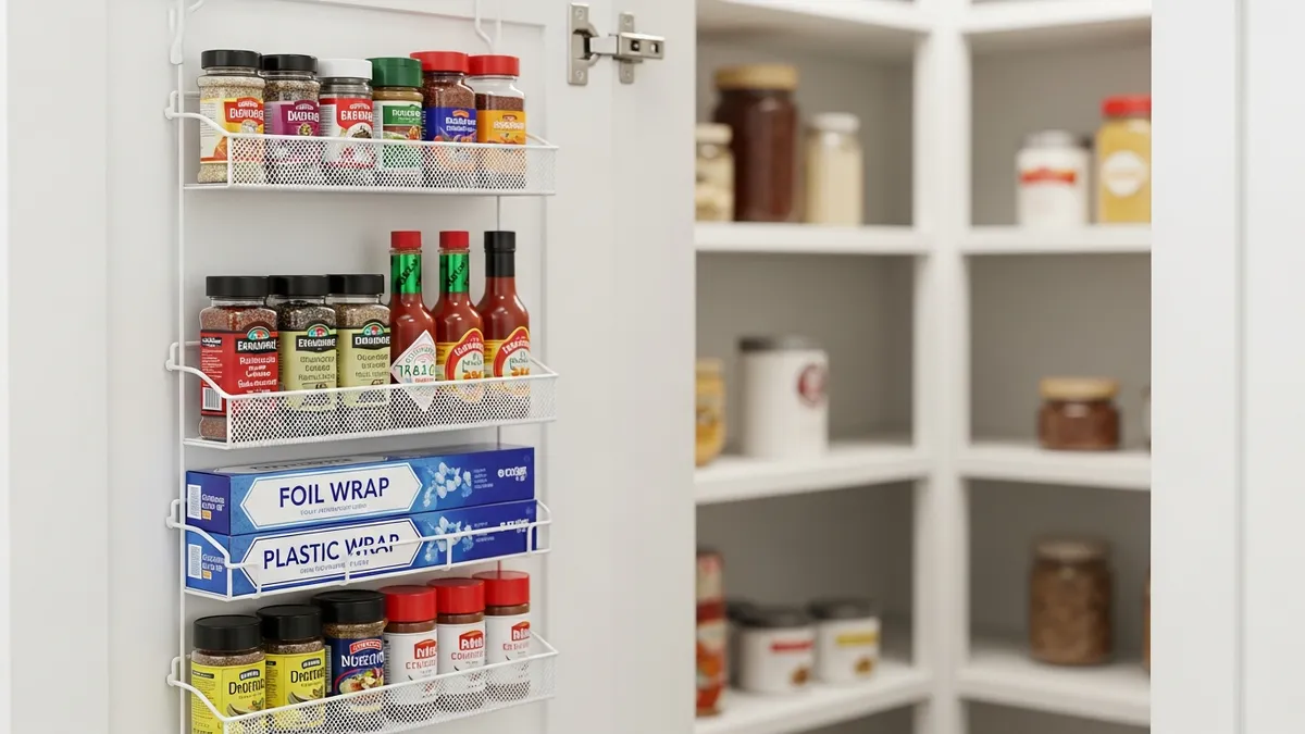 Over-the-door pantry organizer with spice jars and condiment bottles maximizing inside pantry cabinet door space