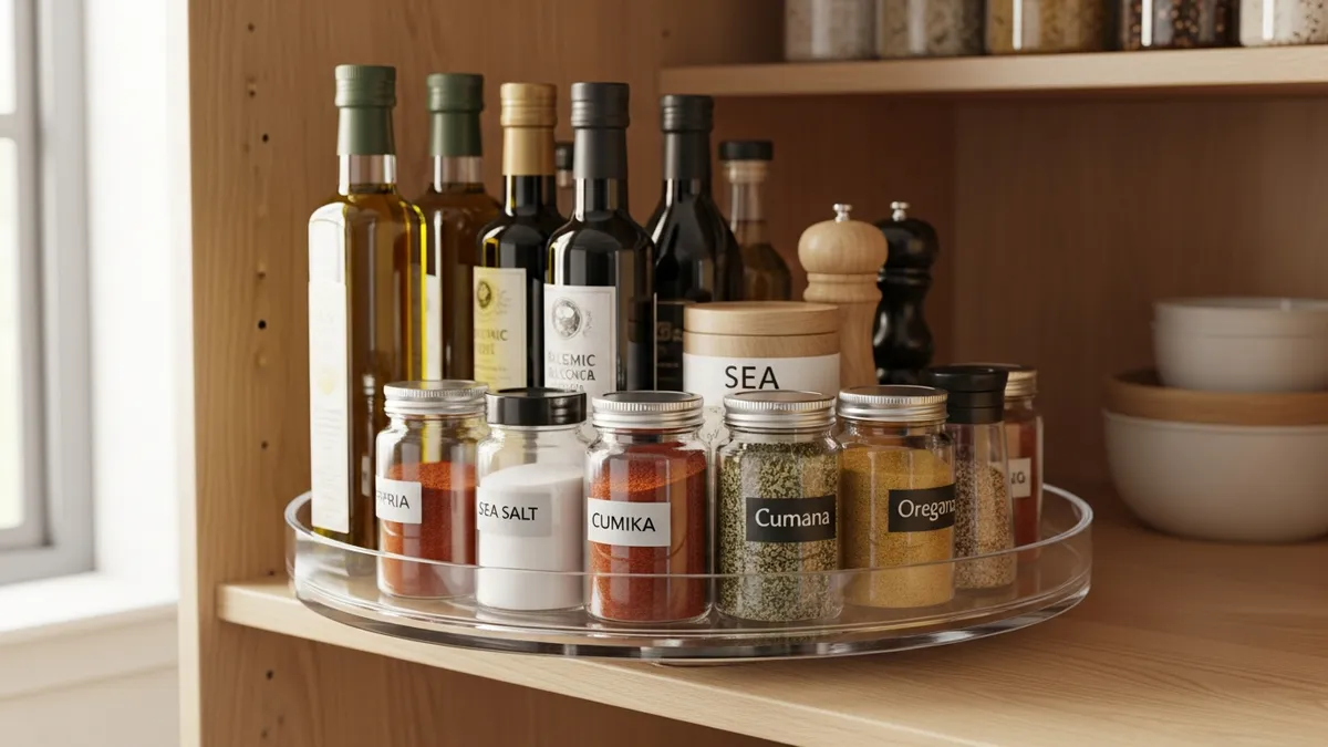 Lazy Susan turntable on a pantry shelf organizing condiments, oils, and seasoning jars for easy access