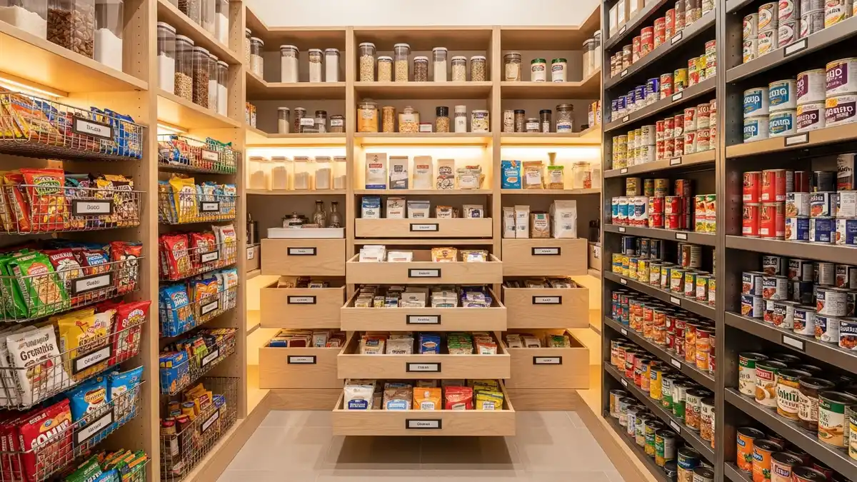 Walk-in pantry organized into zones with wire baskets, tiered shelves, and labeled sections for snacks, baking, and canned goods